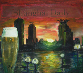 Shanghai-Daily -Ein Abendbierchen am Pudongufer mit Blick auf den Bund - Touristen must do